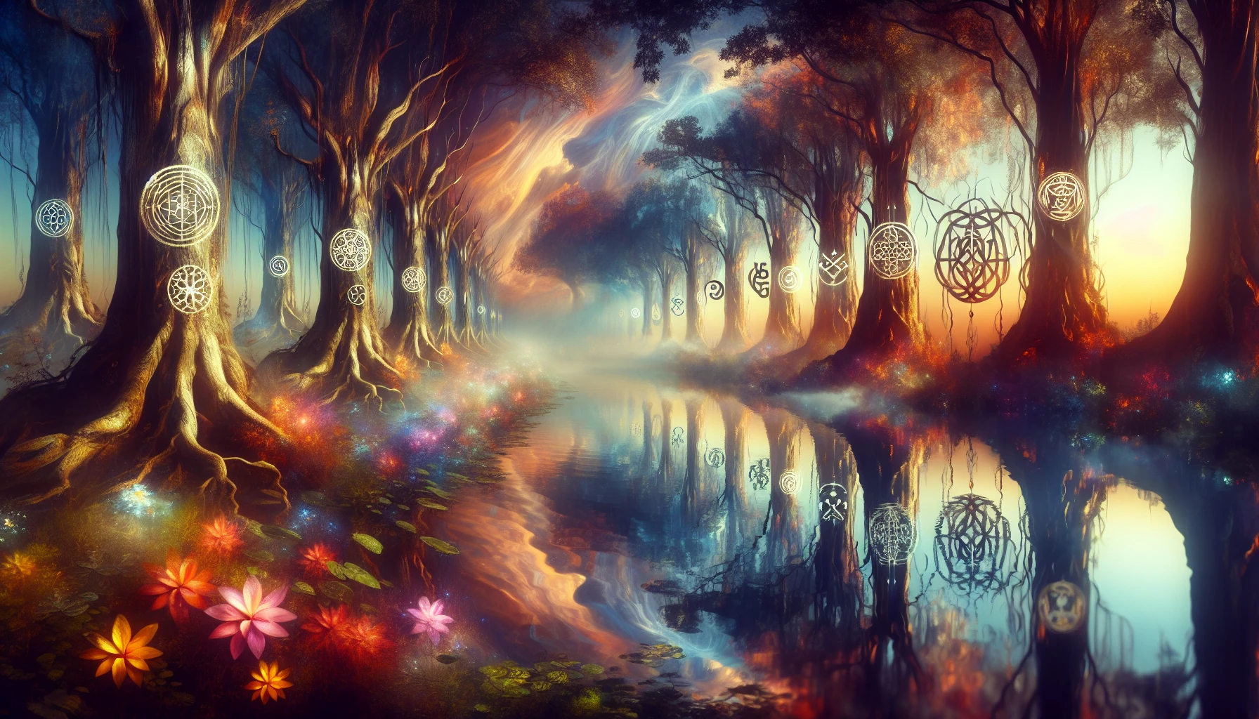 Create an enchanting image where the essence of symbolism breathes life into a lush, vibrant landscape. Picture ancient symbols intertwined within the roots of towering trees, illuminated by soft, ethereal light. Mist dances above a tranquil lake, reflecting these mystical icons on its surface. Each symbol conveys deep meanings, while vibrant flowers bloom with colors that evoke emotions, inviting viewers into a world where nature and symbolism coexist seamlessly.