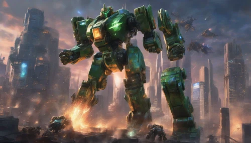 In a futuristic cityscape, two colossal mechs tower above skyscrapers, locked in an epic showdown. Sparks fly as their metallic fists collide, illuminating the twilight sky. One mech, gleaming with blue armor, unleashes a torrent of plasma fire; the other, adorned in rugged green camouflage, counters with a barrage of missiles. The ground trembles beneath their feet, and the city trembles in the wake of their titanic struggle.