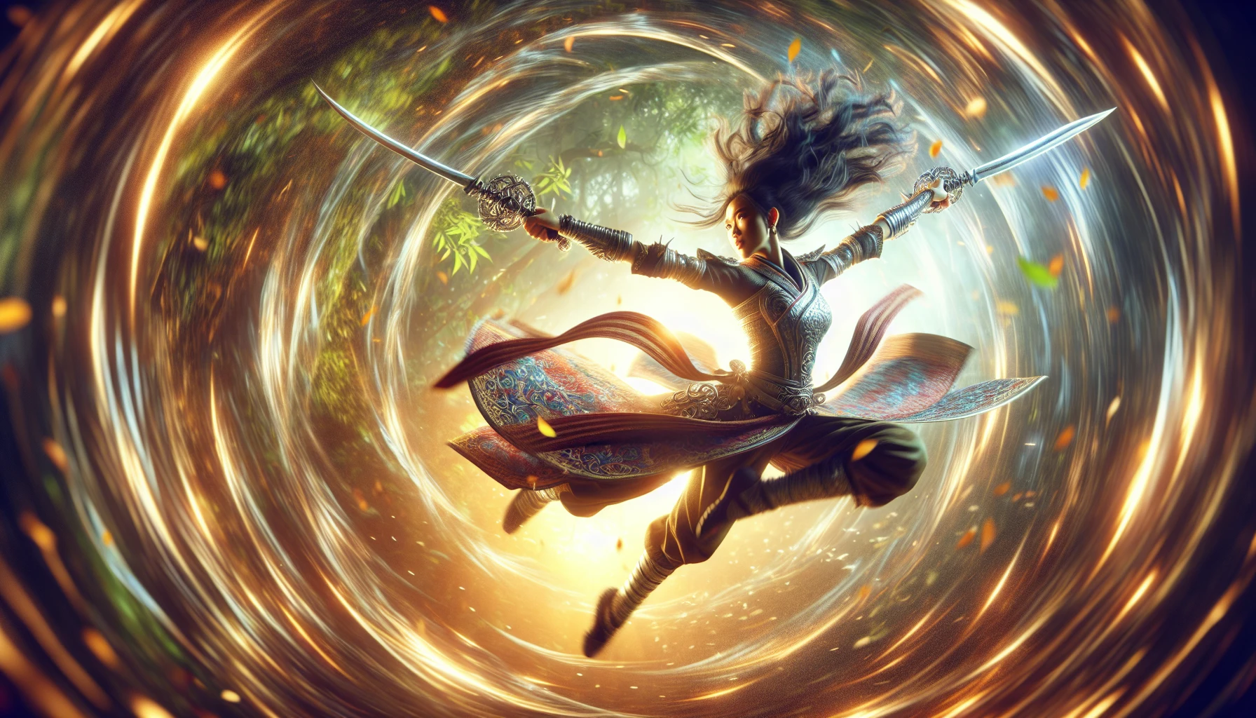 Capture an intense moment of a dual-wielding fighter suspended in mid-air, performing a dynamic spin. Their weapons glint in the sunlight, showcasing intricate designs as they clash against an unseen opponent. The backdrop features a blurred landscape of a mystical forest, with swirling leaves and vibrant colors enhancing the energy of the scene. The fighter’s fierce expression reflects determination and agility, embodying the art of combat.