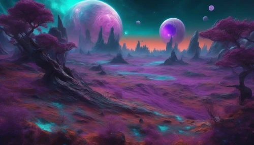 Imagine a surreal planet with swirling, vibrant purple skies that stretch across the horizon, creating an otherworldly ambiance. Three moons orbit gracefully above, each distinct in size and texture, casting ethereal shadows on the rugged landscape below. Strange, luminescent flora sprouts from the ground, glowing in shades of teal and indigo, while curious alien creatures wander through this captivating world, blending seamlessly with the enchanting environment.