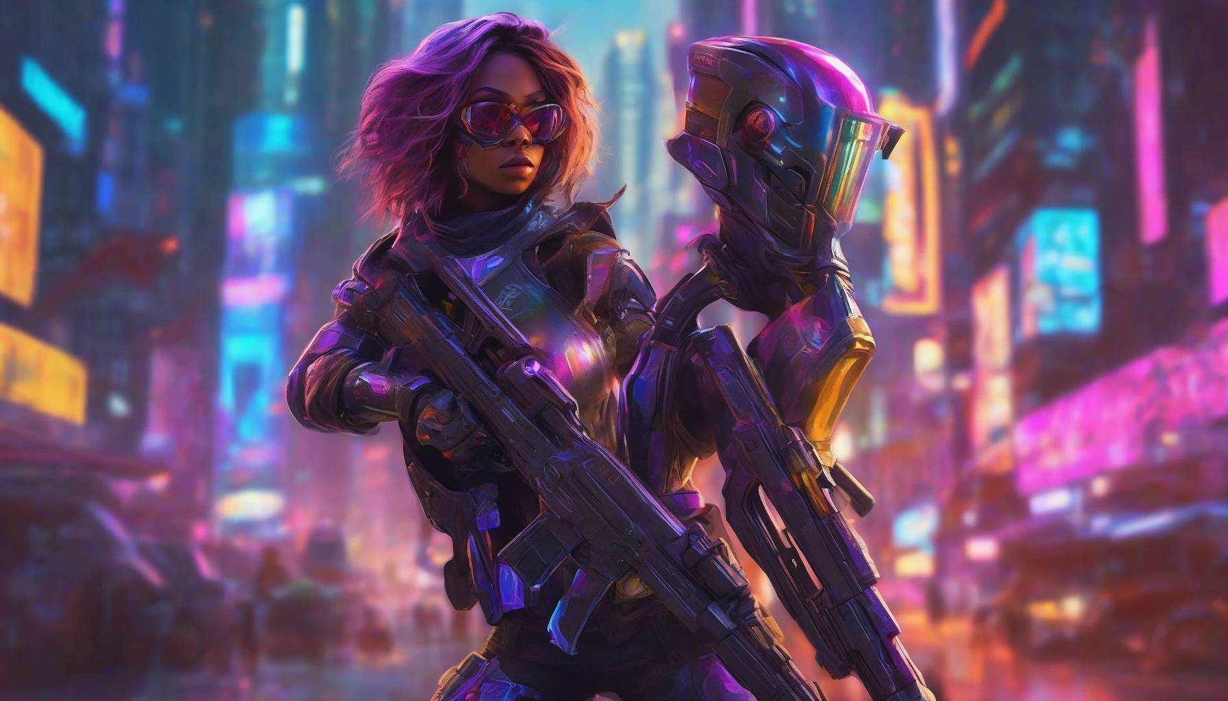 A fierce bounty hunter stands poised in a neon-lit urban landscape, clad in sleek armor that shimmers with iridescent hues. In one hand, she grips a high-tech plasma rifle, its barrel glowing with energy, ready to unleash a storm of fiery projectiles. The city behind her pulsates with holographic advertisements and shadows, while her piercing gaze reflects the determination of a relentless hunter on a mission.