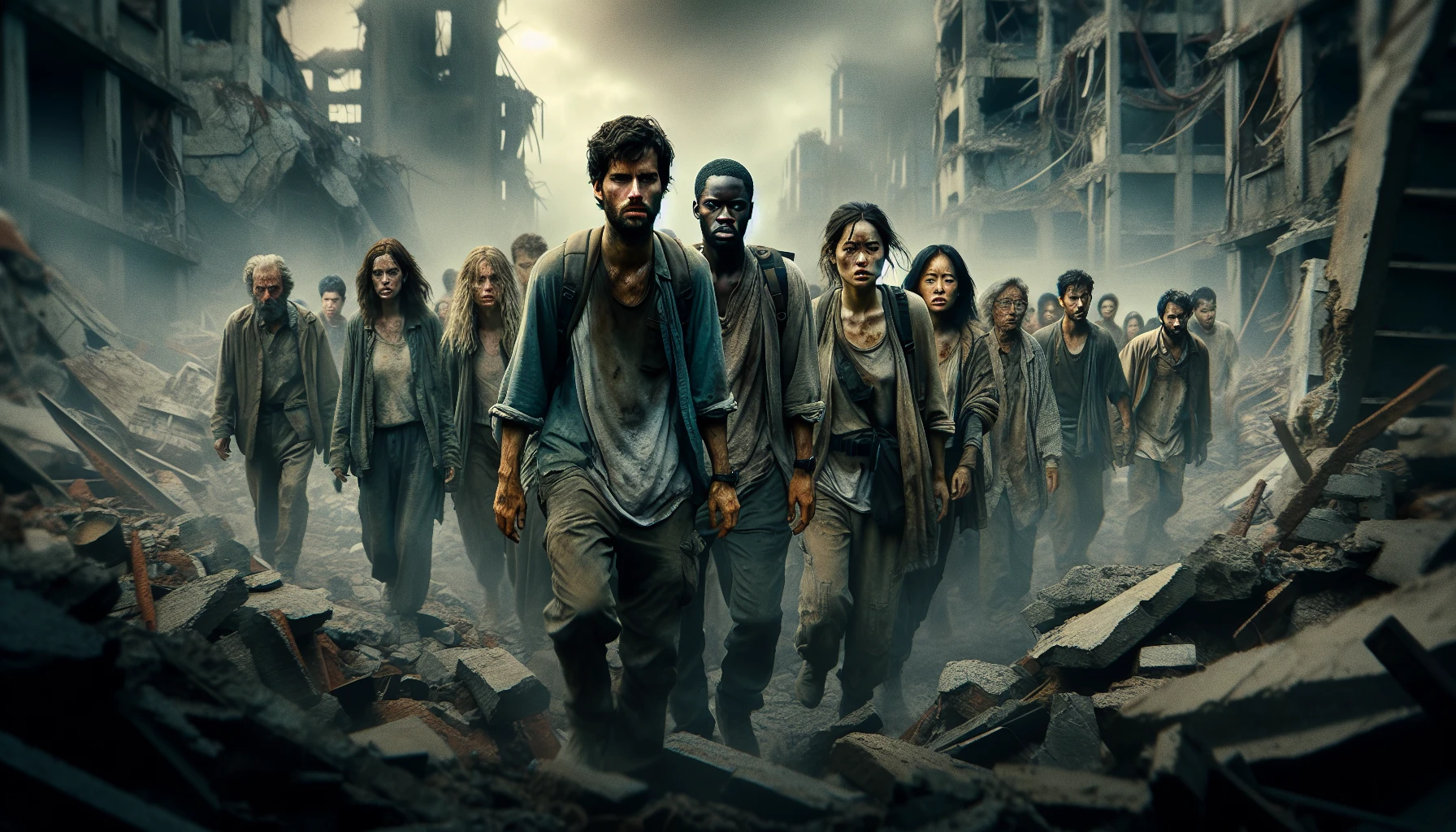 In a hauntingly vivid scene, a group of civilians, weary and hopeful, navigates through the ruins of a devastated city. Their tattered clothes and sunken eyes tell stories of loss, yet their determination shines amidst the crumbling buildings and smoky skies. The atmosphere is heavy with an air of uncertainty, yet glimmers of hope emerge as they cling to each other, united in their quest for safety and peace.