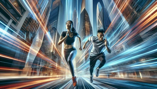 Picture a thrilling chase scene where characters leap and dash across a vibrant urban landscape. The air crackles with energy, and every movement is accentuated by vibrant speed lines that sweep and swirl, adding a surreal sense of motion. Each frame captures the intensity of action, with angular forms and bold colors, creating an explosive visual narrative that immerses the viewer in the heart of the adventure.