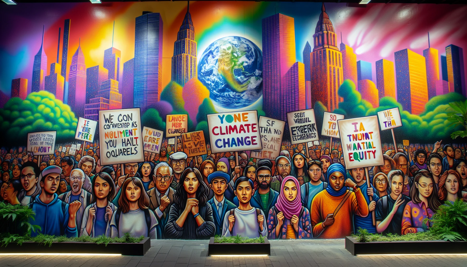 A vibrant street mural depicting diverse individuals united in protest, each face representing a different social issue—from climate change to racial equality. Bright colors swirl around powerful slogans, while the background features cityscapes and natural elements in conflict. The scene pulsates with energy and urgency, inviting viewers to engage and reflect on the importance of solidarity in the fight for justice and a sustainable future.