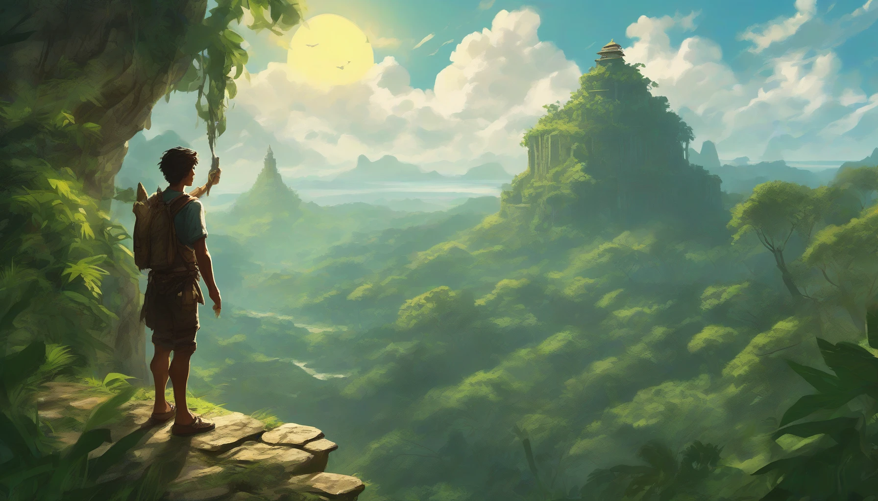 A rugged adventurer stands confidently on a windswept cliff, clutching a weathered treasure map that flutters in the breeze. Sunlight filters through fluffy clouds, illuminating the dense, uncharted jungle below. In the distance, the silhouette of a lost temple peeks through the vibrant green foliage, hinting at untold riches. The adventurer's eyes gleam with determination, ready to embark on an exhilarating journey to uncover hidden secrets and ancient treasures.