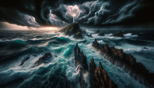 A tumultuous sea roils under a moody sky, dark clouds swirling ominously as waves crash fiercely against jagged rocks. In the distance, a solitary lighthouse stands resilient, its beam slicing through the gloom, illuminating the path for wayward sailors. The scene captures the raw power of nature, contrasting with the steadfastness of the lighthouse, symbolizing hope amidst chaos and guiding those lost in the tempest.