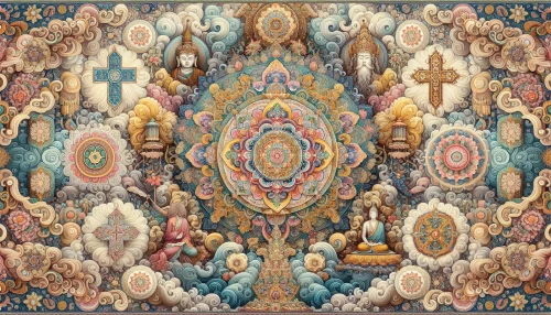 Create an intricate tapestry that weaves together diverse religious symbols from around the world – a serene Buddha, a vibrant mandala, a delicate cross, and a crescent moon. Surround these central images with lush floral elements and ethereal colors that evoke a sense of peace and unity. The background should feature soft, swirling patterns reminiscent of clouds, fostering an atmosphere of spiritual harmony and interconnectedness.