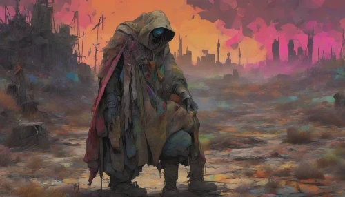 In a dimly lit, post-apocalyptic landscape, a lone scavenger stands tall, draped in a tattered cloak adorned with vibrant patches from forgotten eras. Each patch tells a story, a kaleidoscope of colors contrasting the desolate backdrop. The scavenger, with piercing eyes and a weathered face, clutches salvaged relics, embodying resilience and hope in a world where beauty is stitched from remnants of the past.