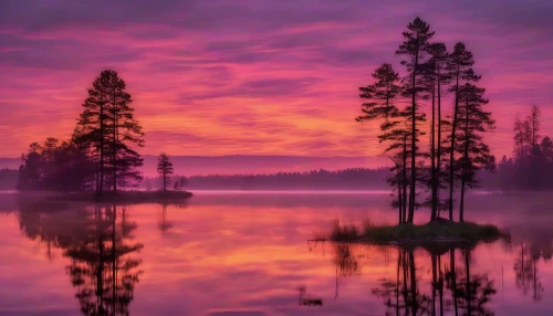 Imagine a breathtaking scene where the sun dips below the horizon, casting a warm glow of oranges, pinks, and purples across the sky. The tranquil lake mirrors this stunning display, its surface perfectly smooth, reflecting the vibrant colors and surrounding silhouettes of tall pines. Gentle ripples disturb the glassy water as a lone duck glides gracefully by, encapsulating a moment of peaceful harmony with nature.