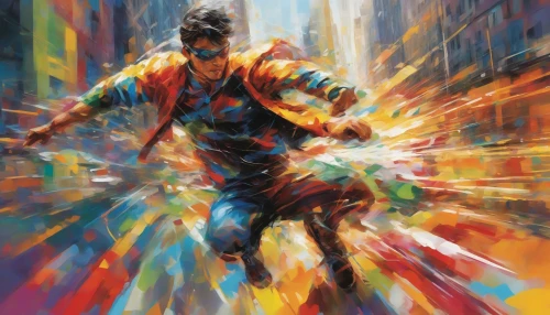 Visualize an exhilarating scene where a hero dashes through an urban backdrop, surrounded by vibrant speed lines that convey motion and energy. The cityscape blurs in a whirl of colors, emphasizing the character's fluidity and power. Each action pose is accentuated with dynamic strokes, capturing the essence of movement. Bright bursts of light punctuate the scene, creating a sense of urgency and thrill in this high-octane moment.