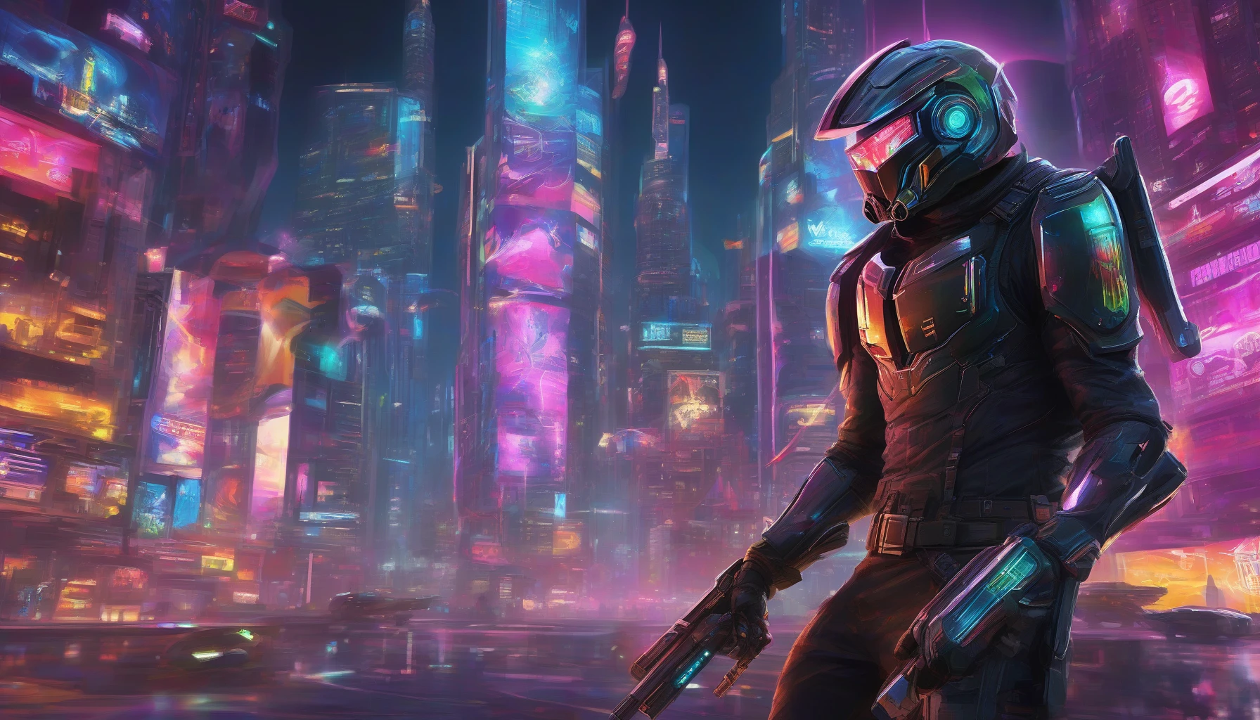 Visualize a sleek, armored bounty hunter navigating a neon-lit cityscape, their features obscured by a high-tech helmet that displays a digital interface. In one hand, they wield a glowing plasma rifle, its energy crackling with power. The backdrop shimmers with holographic advertisements and towering skyscrapers, while shadows of flying vehicles slice through the vibrant skyline, creating an electrifying atmosphere of high-stakes adventure.