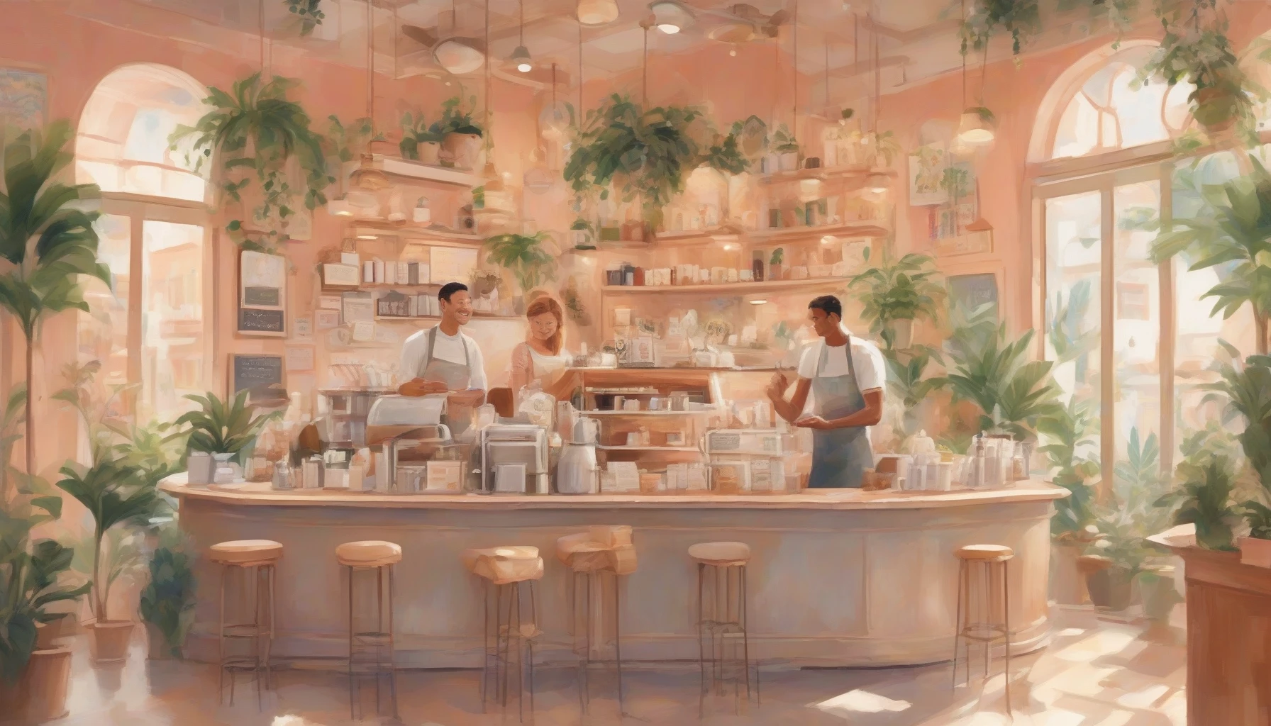 Imagine a serene afternoon in a cozy café, where sunlight spills through large windows, casting a warm glow on pastel-colored walls. A barista expertly crafts a latte, adorned with delicate foam art, while a young couple shares laughter over a light pastry. Potted plants breathe life into the space, and soft, whimsical decor invites the viewer to lose themselves in this tranquil moment of everyday joy and connection.