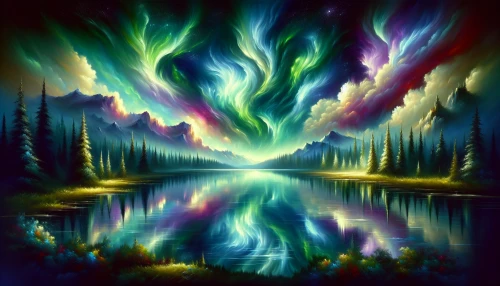 A breathtaking scene unfolds as swirling clouds dance with ethereal lights above a tranquil mountain lake. Vivid auroras brush the sky, reflecting vibrant hues of green and violet on the water’s surface. Lush forests cradle the lake's edges, while a gentle breeze carries the scent of pine and earth. In the distance, cascading waterfalls merge seamlessly with the rhythmic sounds of nature, creating a symphony of serenity and wonder.