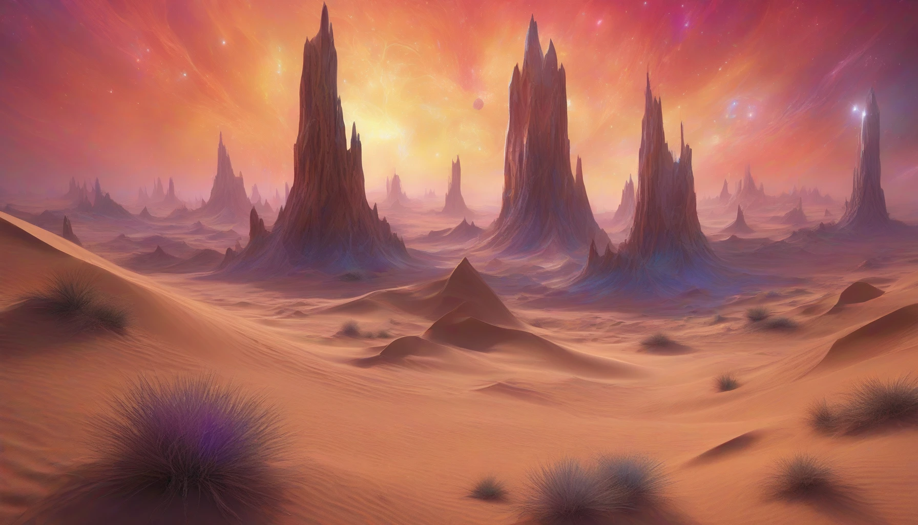 Imagine a surreal desert under a swirling nebula sky, where the sand glistens like gold dust. Towering crystalline structures rise majestically from the dunes, refracting light into a spectrum of colors. Strange, bioluminescent plants dot the landscape, casting an ethereal glow. In the distance, alien mountains loom, their jagged peaks piercing the sky, creating a breathtaking blend of otherworldly beauty and stark desolation.