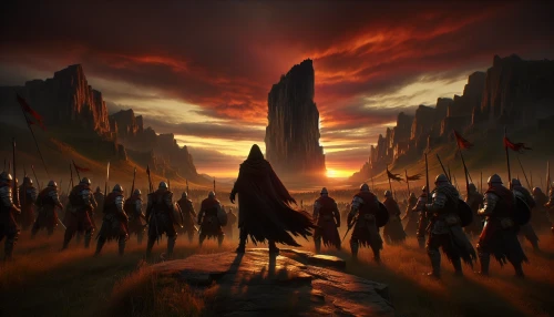 An imposing cliff overlooks a vast battlefield, where warriors clad in battle-worn armor prepare for their ultimate confrontation. The sun sets in a fiery hue, casting dramatic shadows on their faces, each reflecting courage and determination. A lone figure stands at the forefront, rallying the troops with a fervent speech, their cloak billowing in the wind, embodying hope and defiance amid the impending storm.