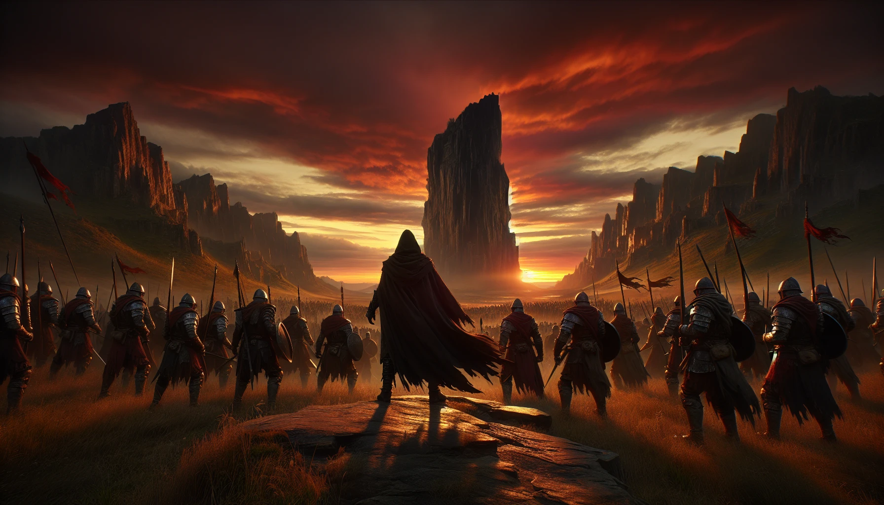 An imposing cliff overlooks a vast battlefield, where warriors clad in battle-worn armor prepare for their ultimate confrontation. The sun sets in a fiery hue, casting dramatic shadows on their faces, each reflecting courage and determination. A lone figure stands at the forefront, rallying the troops with a fervent speech, their cloak billowing in the wind, embodying hope and defiance amid the impending storm.