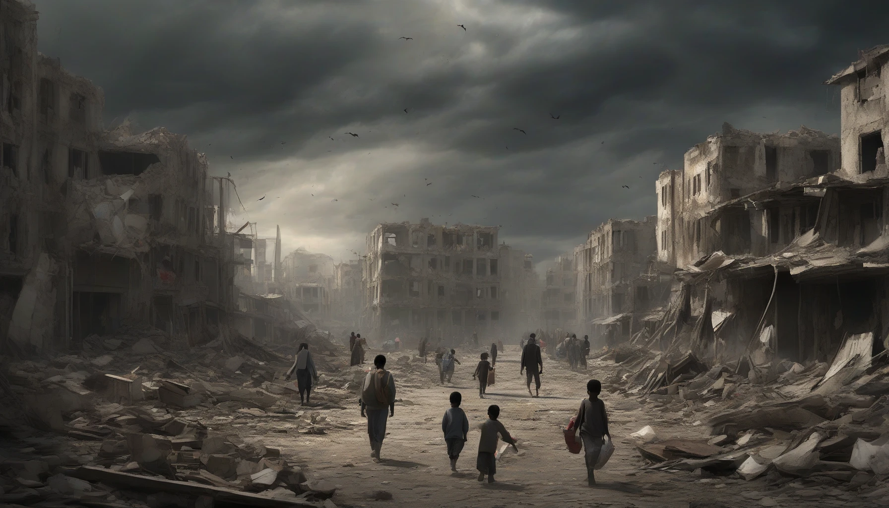 In a desolate urban landscape, civilian refugees carry their meager belongings, navigating through crumbling buildings and debris. Shadows of destruction loom over their somber faces as they seek solace and safety. The sky is heavy with dark clouds, mirroring their despair, yet glimmers of sunlight break through, hinting at a flicker of hope. Their determination and resilience shine through the chaos, a poignant testament to the human spirit.