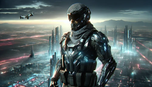 Envision a formidable soldier clad in sleek, high-tech power armor, standing resolute amidst a sprawling sci-fi battlefield. The armor glistens under pulsating neon lights, showcasing advanced technology with intricate designs and glowing circuitry. In the distance, a cityscape filled with soaring skyscrapers and hovering drones contrasts against the darkened sky, while the soldier’s visor reflects the chaos, embodying strength and resilience in a world on the brink of war.