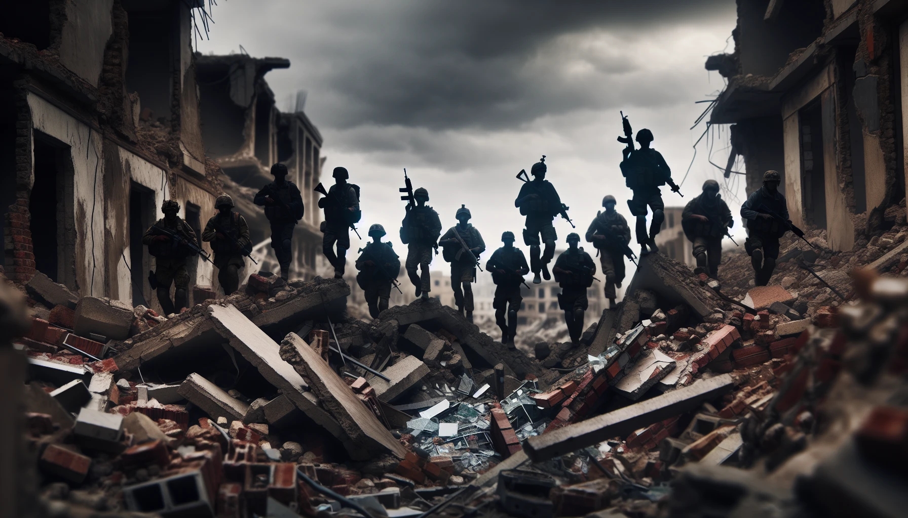 A group of determined soldiers advances through a desolate, crumbling street, their silhouettes stark against the debris of fallen buildings. Timeworn bricks and shattered glass glint under a muted sky, while scattered remnants of a once-vibrant community lie in chaos. Tension hangs thick in the air, punctuated by the distant echoes of conflict, as these brave figures embody resilience amidst the haunting remnants of destruction.