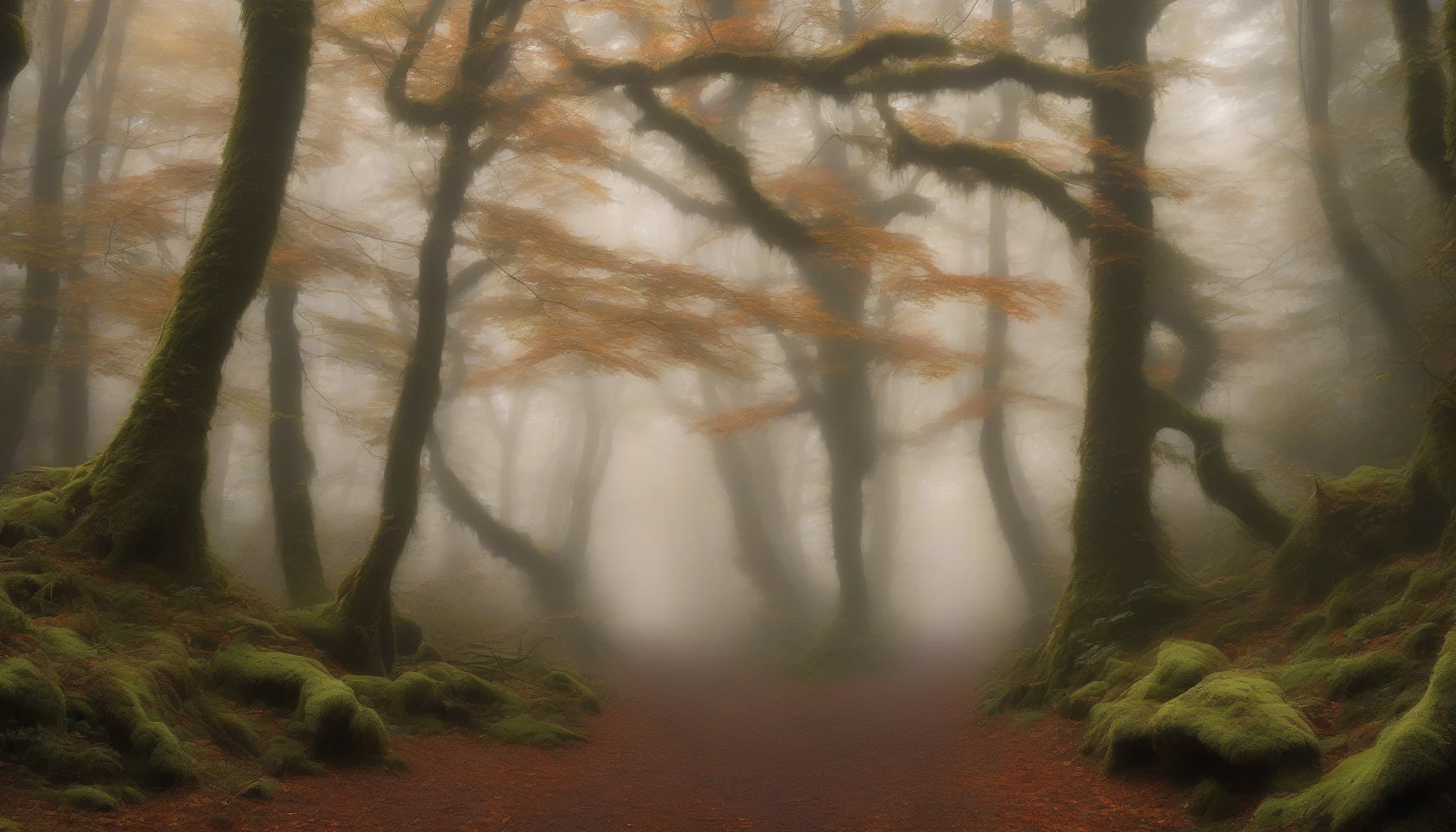 A winding trail disappears into a dense, fog-laden forest, where towering trees loom overhead, their branches draped with soft moss. The ground is carpeted with fallen leaves, their rich autumn hues muted by the mist that swirls around like a ghostly presence. Shafts of pale light pierce the fog, illuminating the path ahead, inviting explorers to step into the enchanting unknown.