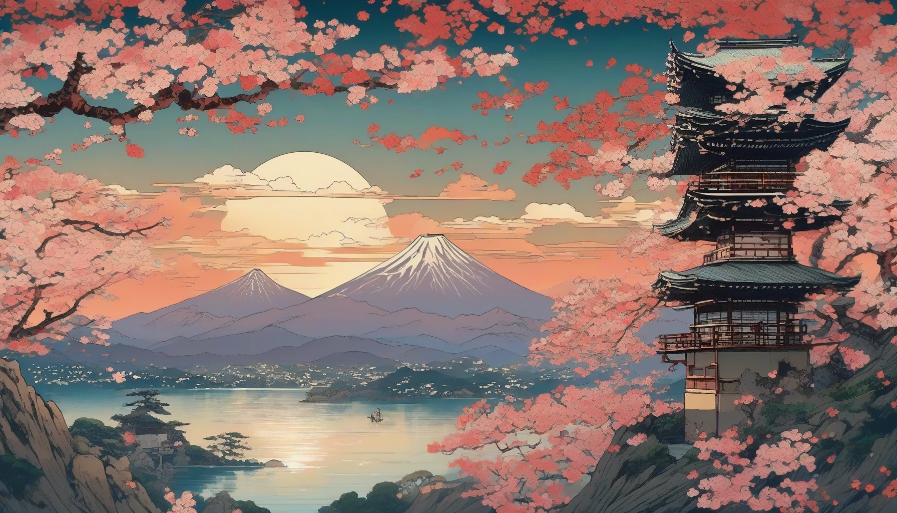 Picture a breathtaking scene where a serene Japanese landscape blossoms under a twilight sky. Traditional ukiyo-e elements blend seamlessly with vibrant anime characters, their flowing kimonos adorned with intricate patterns. Enormous cherry blossoms float gently on the wind, while distant mountains reflect the last rays of the sun. This harmonious fusion captures the enchanting beauty of nature and cultural heritage, inviting viewers into a world of dreamlike tranquility.