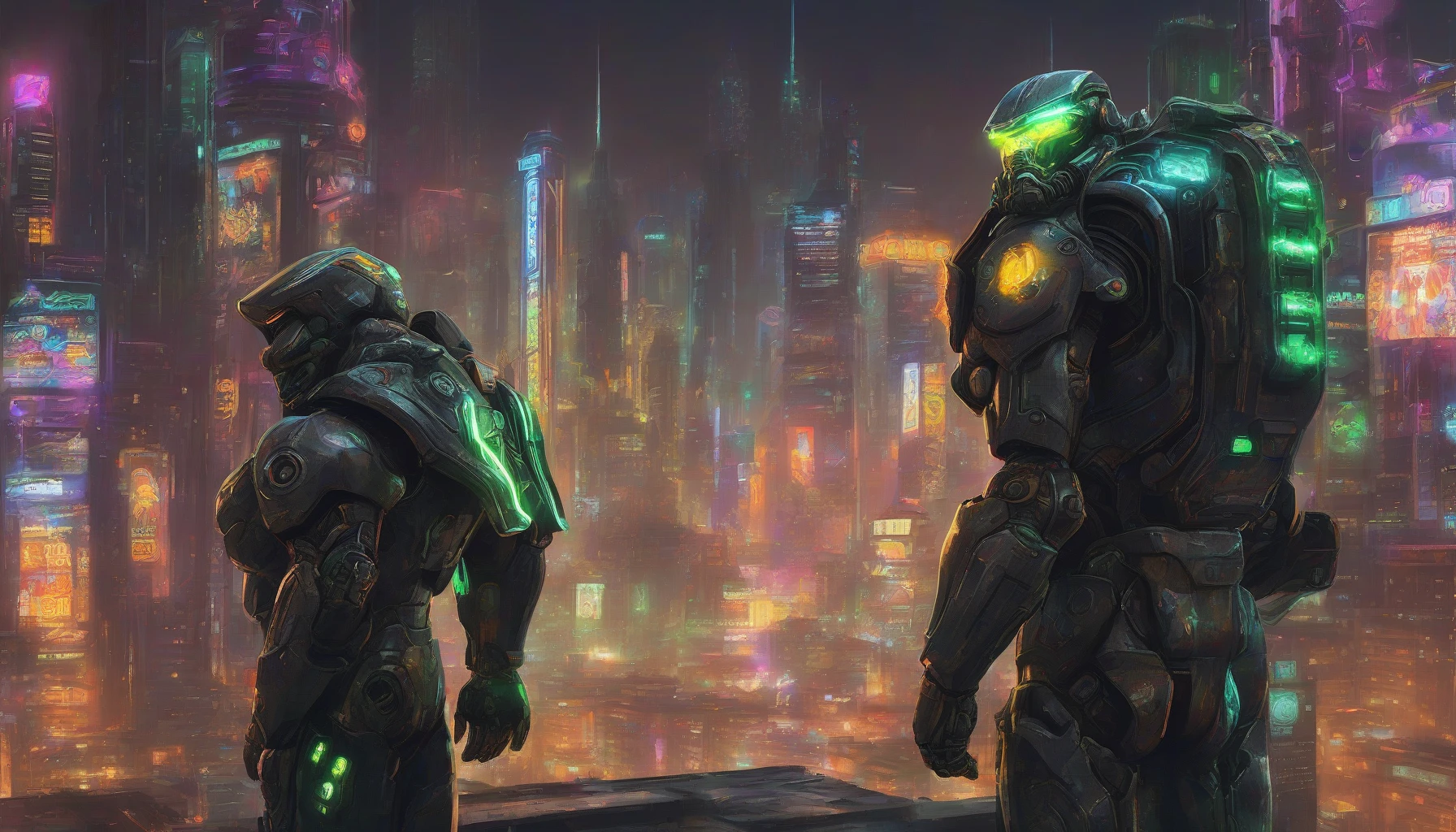 Imagine a sleek, imposing figure clad in advanced power armor, standing confidently against a backdrop of a sprawling cyberpunk city. The armor glistens with a metallic sheen, adorned with illuminated circuitry and glowing accents that pulse with life. The soldier's visor reflects the neon lights of the bustling streets below, hinting at both a fierce determination and a readiness for battle. The atmosphere buzzes with technology, creating an electrifying scene of futuristic warfare.