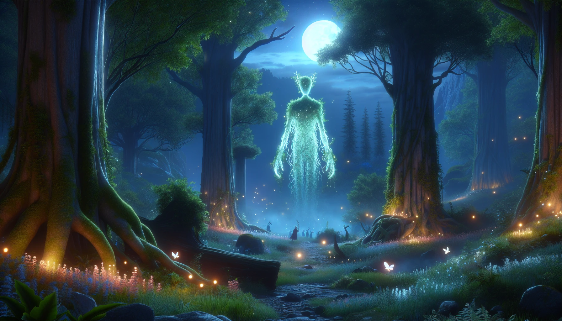 In a mystical forest bathed in moonlight, a towering guardian emerges, blending seamlessly with ancient trees and vibrant foliage. This ethereal being, adorned with delicate vines and luminescent flowers, exudes a magical aura. The soft glow of fireflies dances around it, while distant, shadowy creatures peek through the underbrush. The atmosphere is thick with enchantment and wonder, inviting viewers to explore the secrets of this enchanted realm.