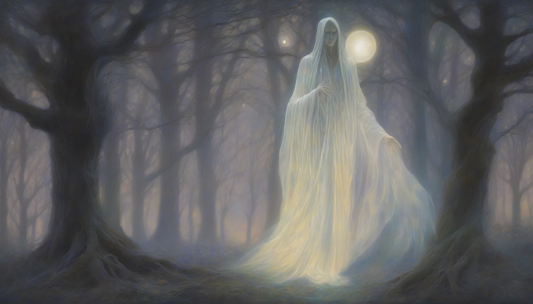 A spectral figure draped in flowing, translucent robes stands amidst a twilight forest, surrounded by an enchanting, luminescent aura that glows softly against the dim backdrop of ancient trees. The figure’s haunting eyes shimmer with wisdom, while wisps of ethereal light dance gracefully around them. This mysterious apparition seems to protect the secrets of the night, inviting viewers into a world where the mystical and the serene intertwine.