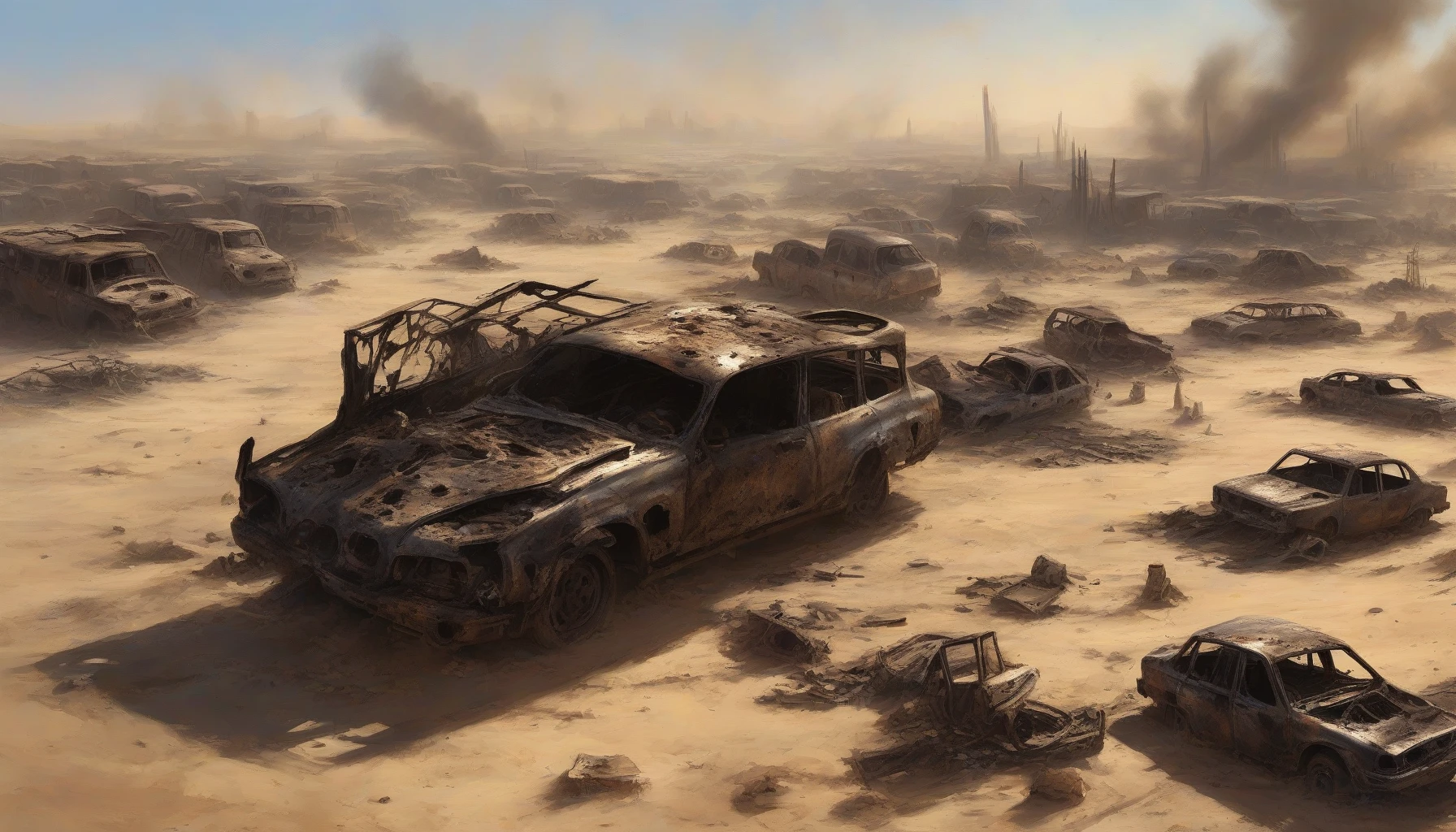 In a vast, war-torn desert, the sun blazes fiercely overhead, illuminating the charred remnants of vehicles strewn across the sandy expanse. Smoke rises from burning wreckage, twisting into the azure sky, while the air is thick with the acrid scent of scorched metal. Crumbling structures and scattered debris tell tales of conflict, creating a haunting atmosphere that captures the devastation and desolation of this harsh landscape.