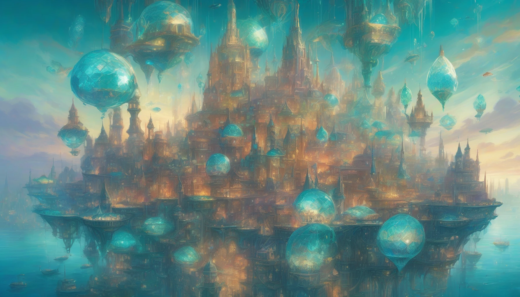 Picture a breathtaking floating city suspended in the sky, crafted from iridescent crystal and shimmering light. Below, the sea glows with vibrant shades of aqua and teal, reflecting the city’s brilliance. Bridges of light connect soaring spires, while airships drift lazily, casting fleeting shadows on the water’s surface. A gentle breeze carries the scent of salt and adventure, inviting onlookers to explore this ethereal realm.