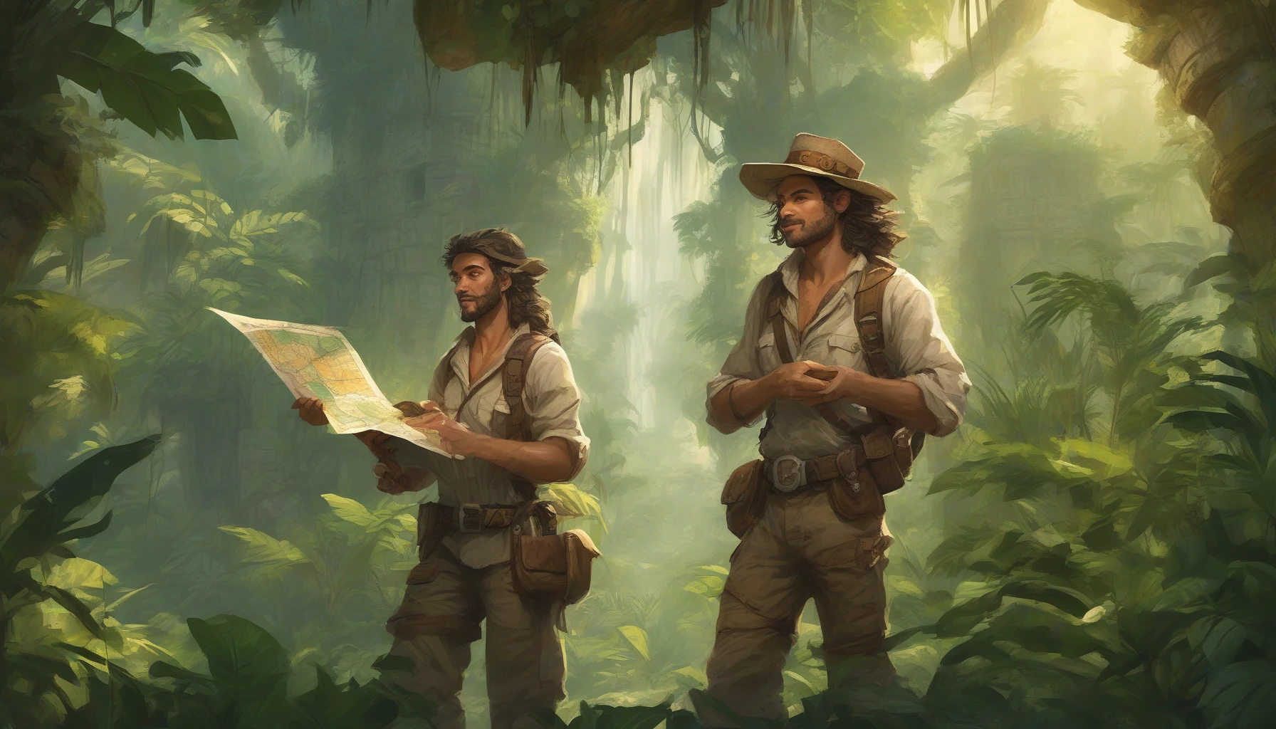 In a lush, vibrant jungle, a daring adventurer stands at the center, clutching a weathered treasure map. Sunlight filters through the dense canopy, illuminating their determined expression. Around them, exotic plants and ancient ruins hint at forgotten legends. Clad in rugged attire, the adventurer's hair is tousled by a gentle breeze, and the thrill of discovery dances in their eyes as they prepare to embark on a thrilling journey.