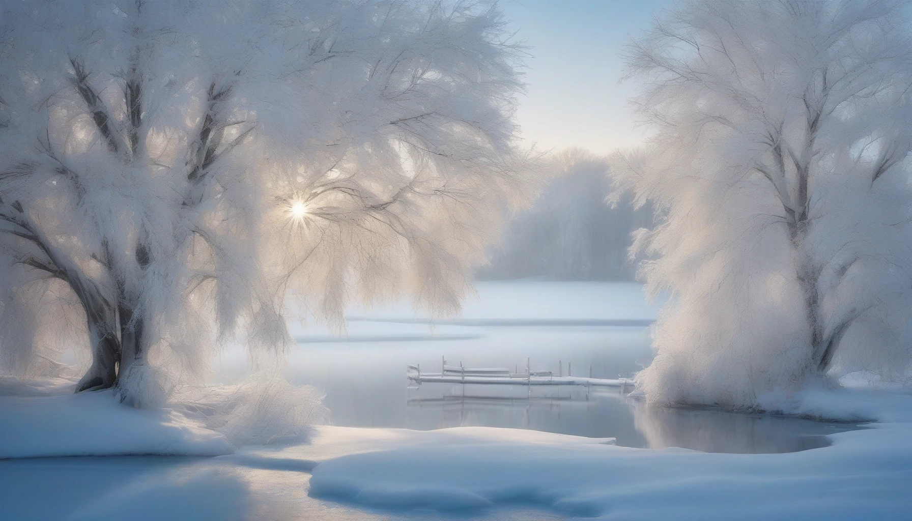 Capture a pristine winter landscape featuring a tranquil frozen lake, its surface shimmering under a soft, pale blue sky. Towering snow-covered trees frame the scene, their branches heavy with glistening white snow, creating a magical, serene atmosphere. Light reflections dance on the ice, while delicate snowflakes gently fall, adding to the dreamlike quality of this peaceful winter wonderland that invites viewers to step into its stillness.