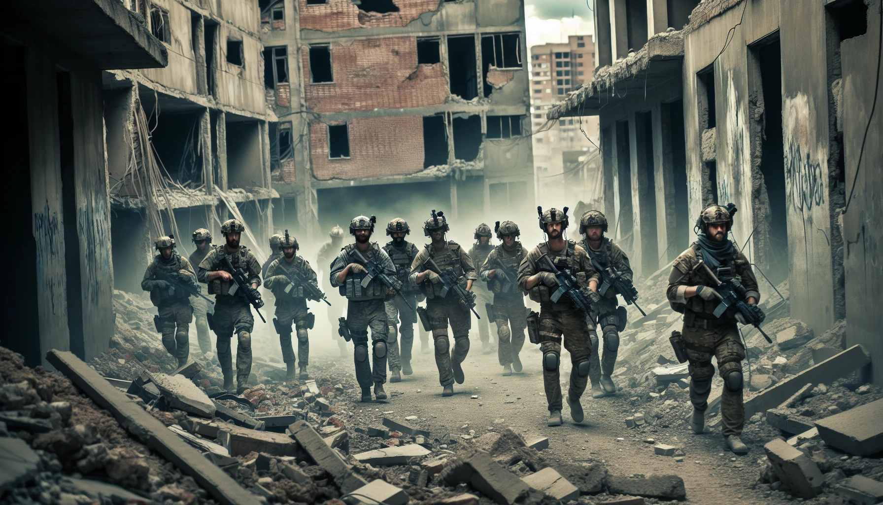 A group of determined soldiers advances through a desolate street, remnants of once-vibrant buildings crumbling around them. The air is thick with dust and the echoes of distant conflict resonate. Each soldier, clad in weathered gear, carries the weight of their mission as they navigate debris and shadows. Their expressions reflect unwavering courage amidst chaos, embodying the spirit of resilience in a world forever altered by battle.