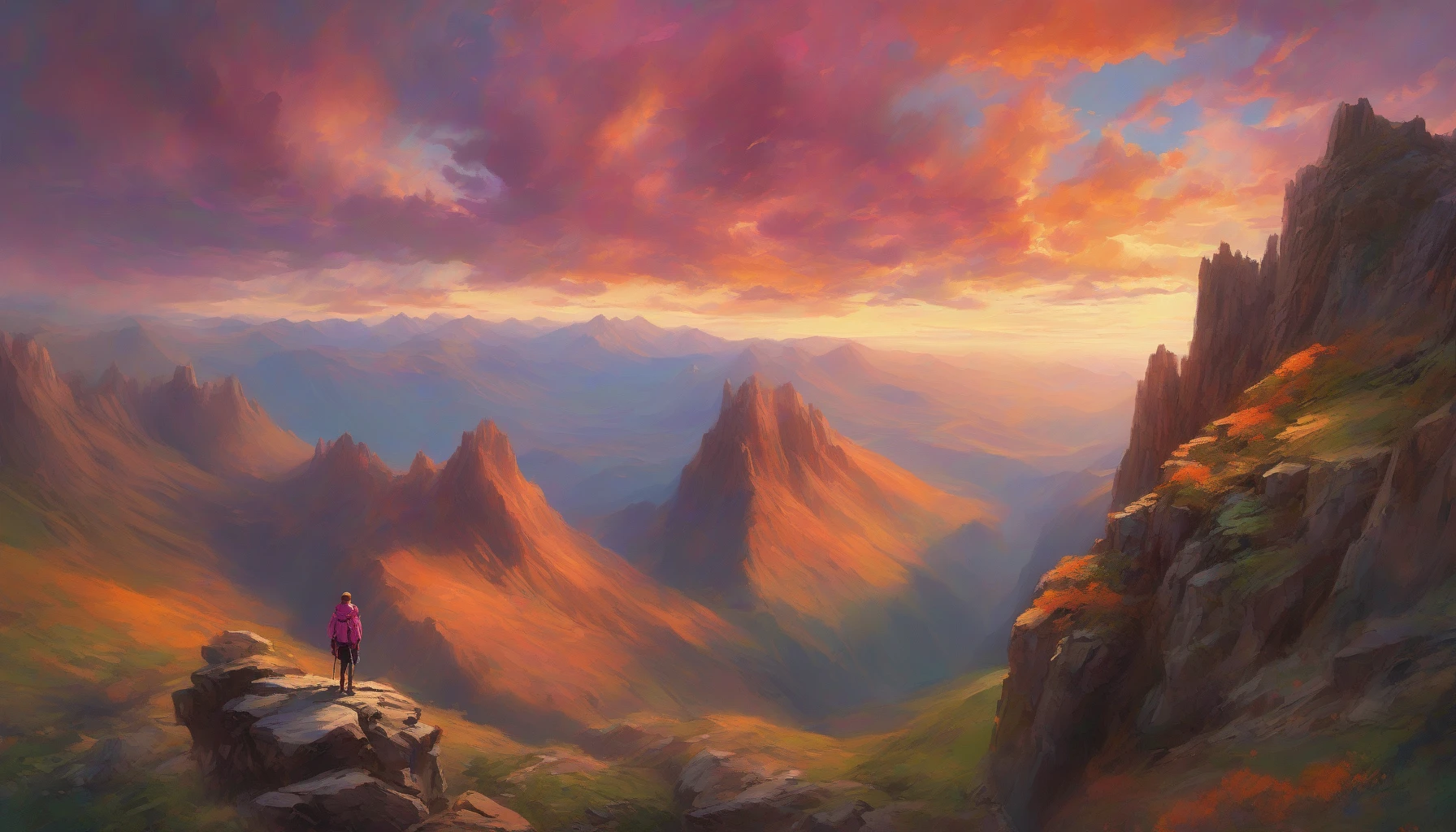 Imagine a panoramic view from a majestic mountain peak, where towering cliffs meet a vibrant sunset sky. Wisps of clouds catch hues of orange and pink, cascading against the backdrop of rugged mountains. A small figure stands at the edge, gazing out, eyes wide in wonder, as the valley below unfolds like a vast tapestry of green and gold. The moment captures the essence of nature's beauty and human humility.