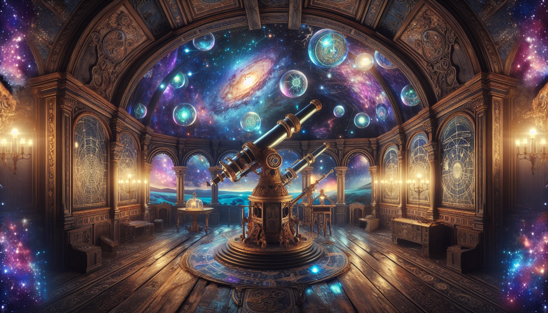 Immerse yourself in a stunning celestial observatory, where ornate telescopes gaze at a sky ablaze with vibrant constellations and swirling galaxies. The interior is adorned with intricate star maps and luminous orbs that illuminate the antique wooden beams. Ethereal light dances around, creating a magical ambiance. Outside, a serene landscape unfolds, mirroring the cosmos above, as if the universe itself is reflected in every detail of this celestial sanctuary.