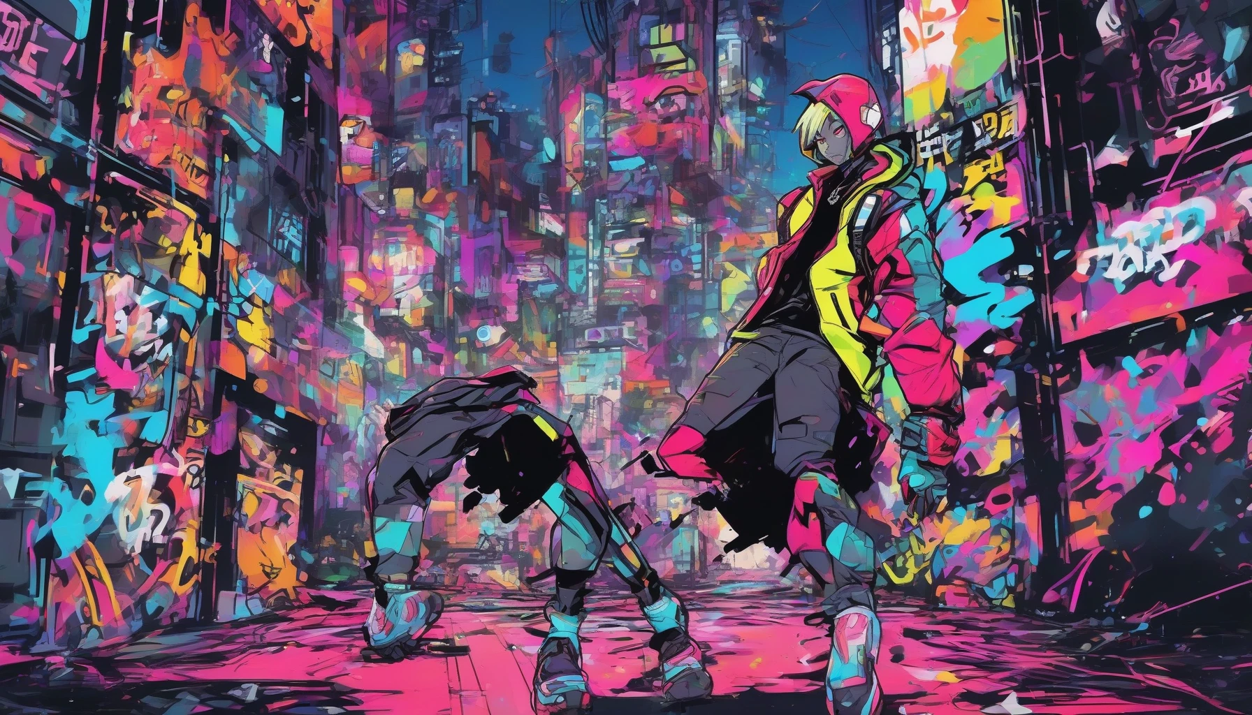 Create a dynamic scene featuring a heroic character in a colorful urban landscape, blending comic-style anime with bold outlines. The character, dressed in a futuristic outfit, showcases exaggerated expressions and dynamic poses, surrounded by graffiti art and neon lights. Emphasize the contrast between the bold black outlines and the vibrant colors, giving the image a lively energy that captures the essence of modern anime culture.