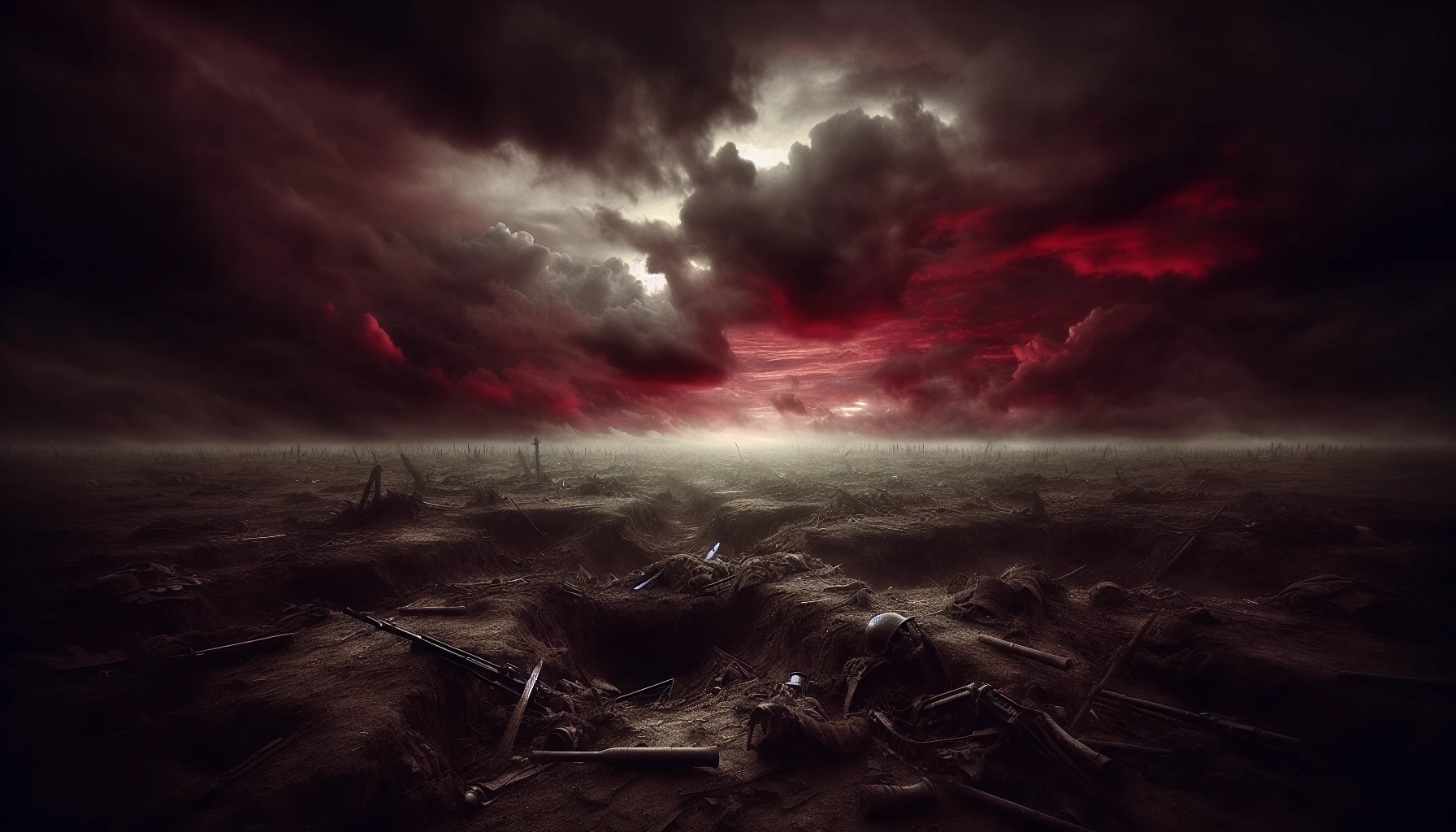 Picture a desolate battlefield, scarred by conflict, where remnants of fallen soldiers and shattered weapons lie scattered across the ground. The sky above is a haunting shade of deep red, casting an eerie glow on the land. Ominous clouds swirl, and the distant rumble of thunder echoes, amplifying the atmosphere of despair. This haunting scene captures the essence of struggle, resilience, and the harrowing aftermath of war.