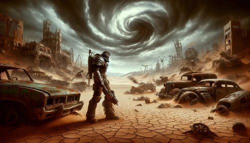 In a barren desert landscape, remnants of a once-thriving civilization can be seen scattered among the cracked earth. An armored figure stands defiantly against a backdrop of rusted vehicles and dilapidated buildings, holding a handmade weapon. The sky is a swirling vortex of dark clouds, hinting at an approaching storm. In the distance, mutated creatures lurk, adding to the tension of this harsh, unforgiving world.