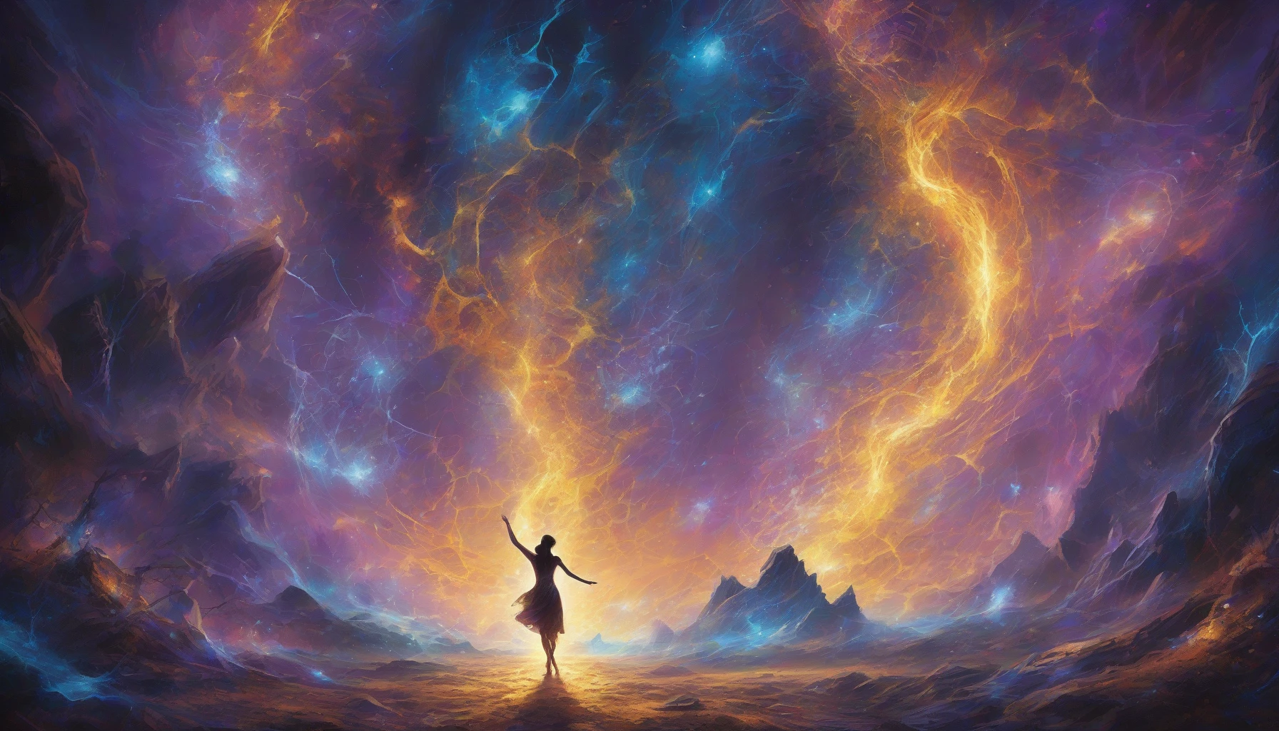 In this captivating image, a mystical spell erupts from the ground, sending vibrant shards of light and energy spiraling into the air. The earth cracks open, revealing a dazzling underbelly of enchanted colors—blues, purples, and golds—that pulse with arcane power. Ethereal symbols dance around the fracture, illuminating the surroundings with a cosmic glow, while a silhouette of a sorcerer stands poised, conjuring the breathtaking chaos.