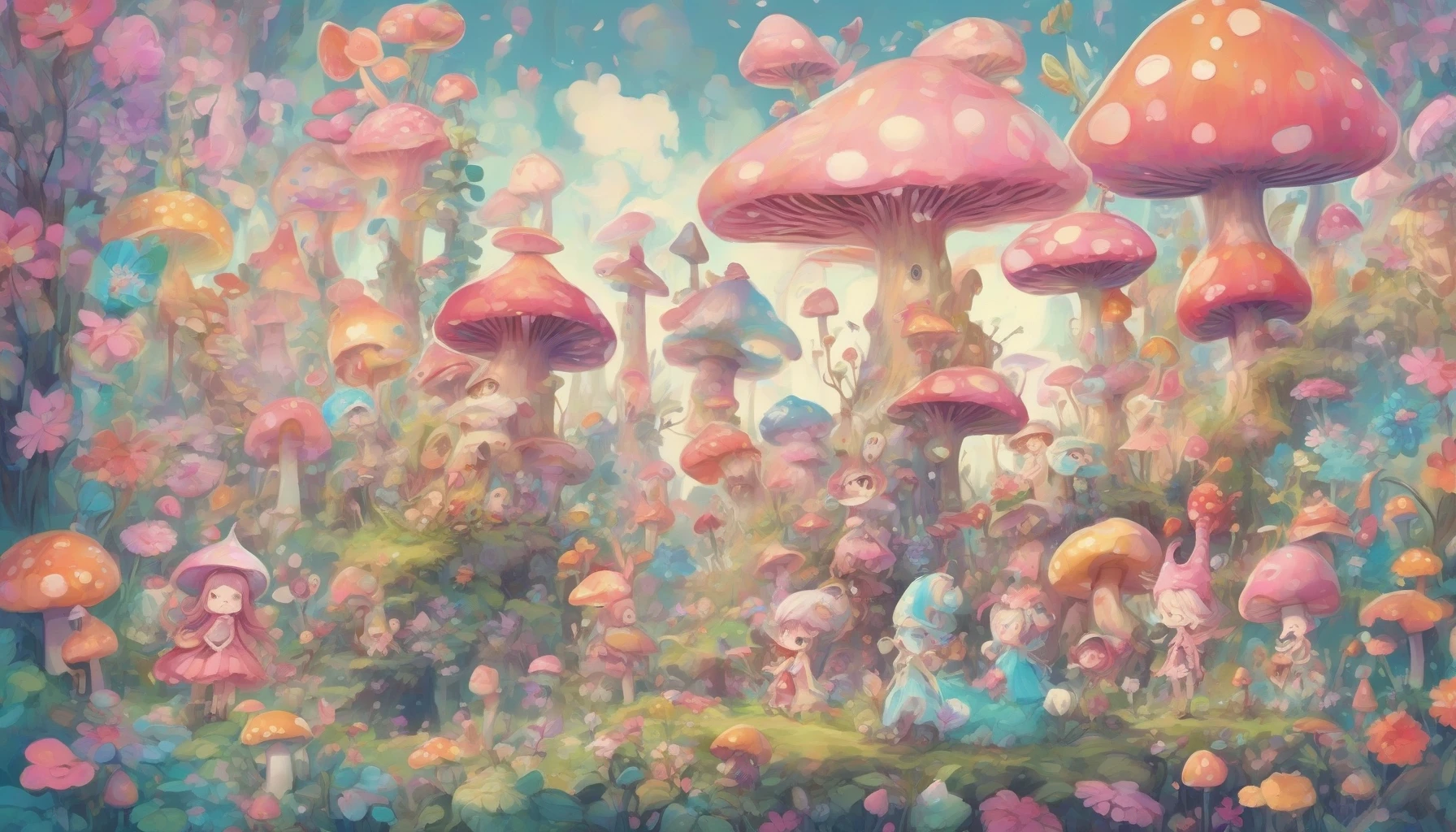 Imagine a vibrant scene in a whimsical forest where chibi characters with oversized heads and tiny bodies frolic among fantastical flora. These adorable figures showcase exaggerated features, such as sparkling eyes and oversized accessories. Brightly colored flowers tower over them, and playful creatures peek from behind towering mushrooms. The sky is a dreamy pastel palette, adding to the enchanting atmosphere of this delightful escape into a chibi wonderland.