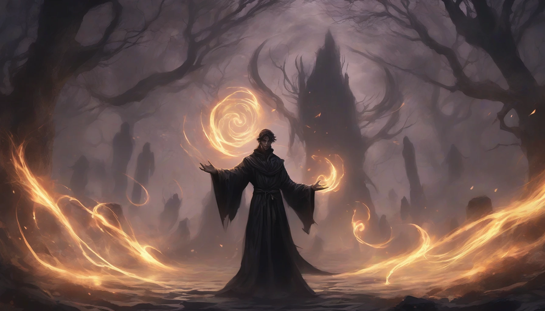 A brooding dark mage stands at the center of an ancient stone circle, surrounded by swirling shadows that pulse with enigmatic energy. His outstretched arms channel dark magic, as shadowy creatures rise from the ground, their forms twisting and shifting into nightmarish figures. Ethereal wisps of dark mist blend into the air, illuminated by flickering torches, creating an atmosphere thick with mystery and malevolence.