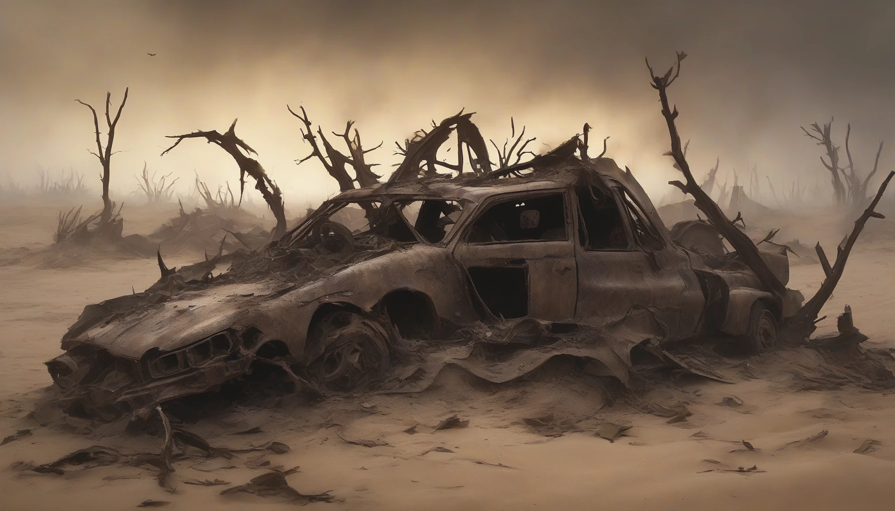 Imagine a haunting desert landscape scarred by the remnants of war. Jagged metal and twisted wreckage jut out from the sand, engulfed in flickering flames that cast an eerie glow. The sky is overcast with smoke, while the ground is littered with debris, telling stories of conflict and loss. In the distance, crumbling structures rise like ghostly silhouettes against the fiery horizon, embodying the harsh reality of a battle fought and lost.