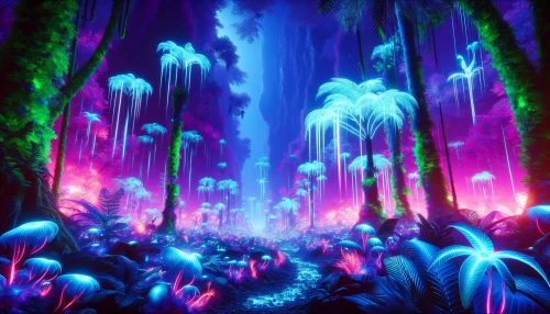 Step into a vibrant alien jungle where surreal flora and fauna glow with an otherworldly light. Towering bioluminescent trees sway gently, their leaves sparkling in shades of neon blue and violet. Unusual creatures flit between the luminescent plants, their bodies shimmering with iridescent colors. The air is alive with the hum of energy, and a mystical mist weaves through the landscape, inviting exploration in this enchanting realm.