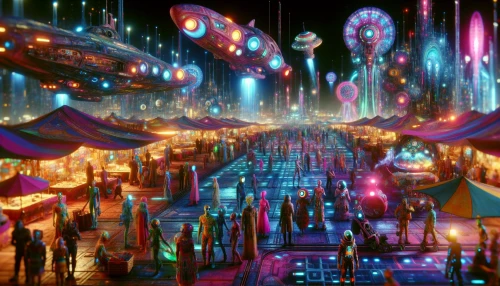 Imagine a vibrant spaceport bustling with an array of alien species, each uniquely designed with colorful skin and elaborate attire. Massive spacecraft of various shapes and sizes hover above, their engines humming with energy. The ground is alive with activities—vendors selling exotic intergalactic goods, travelers exchanging stories, and robotic assistants zipping by. Bright neon lights illuminate the scene, creating an otherworldly atmosphere filled with excitement and adventure.