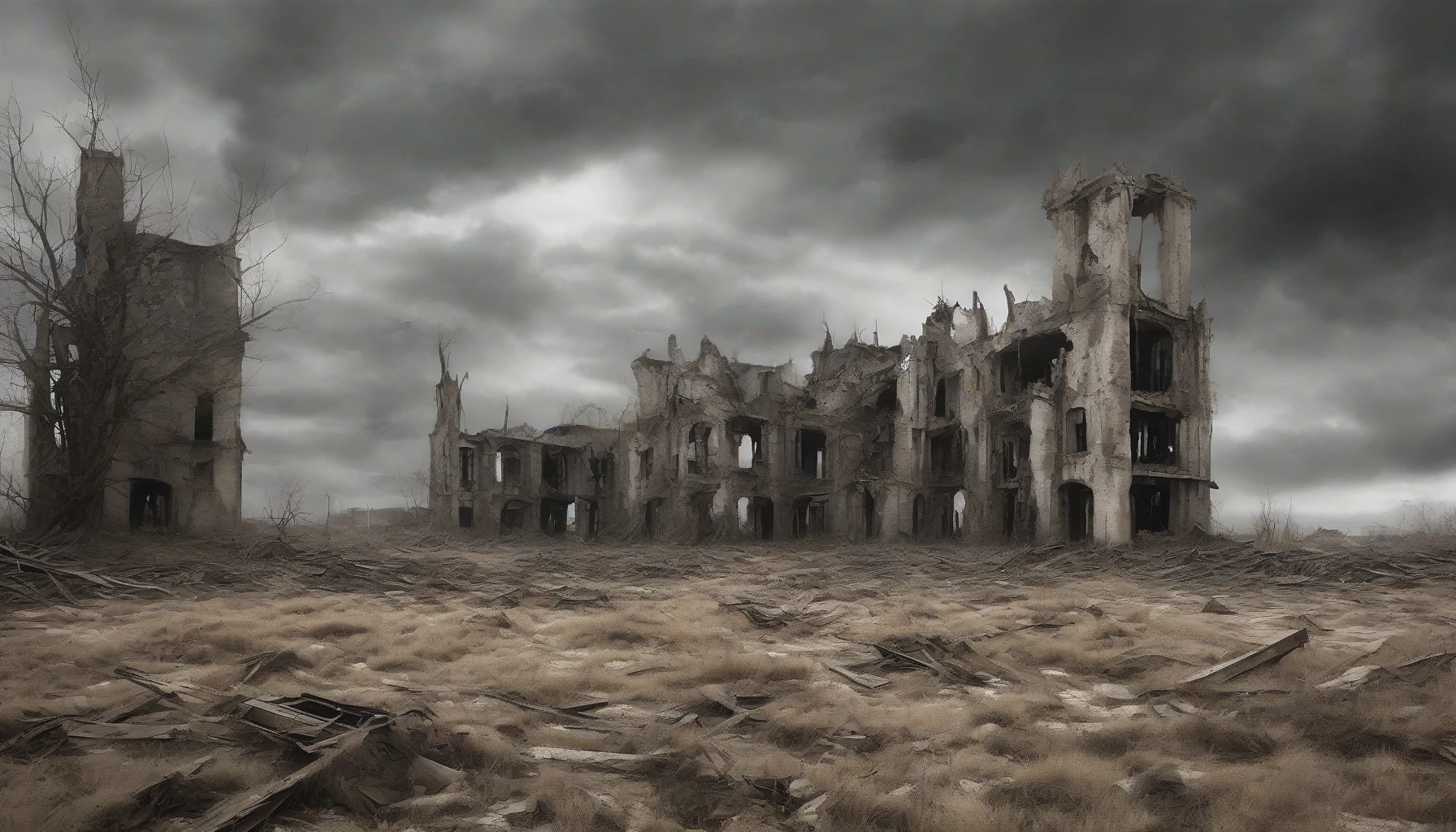 A stark, barren landscape unfolds beneath an overcast sky, where the skeletal remains of once-magnificent buildings jut out like ghostly fingers reaching for the heavens. Crumbling walls and twisted metal forlornly tell tales of a vibrant past now surrendered to time. The ground is cracked, with weeds daring to sprout amidst the debris, evoking a haunting beauty in the remnants of civilization.