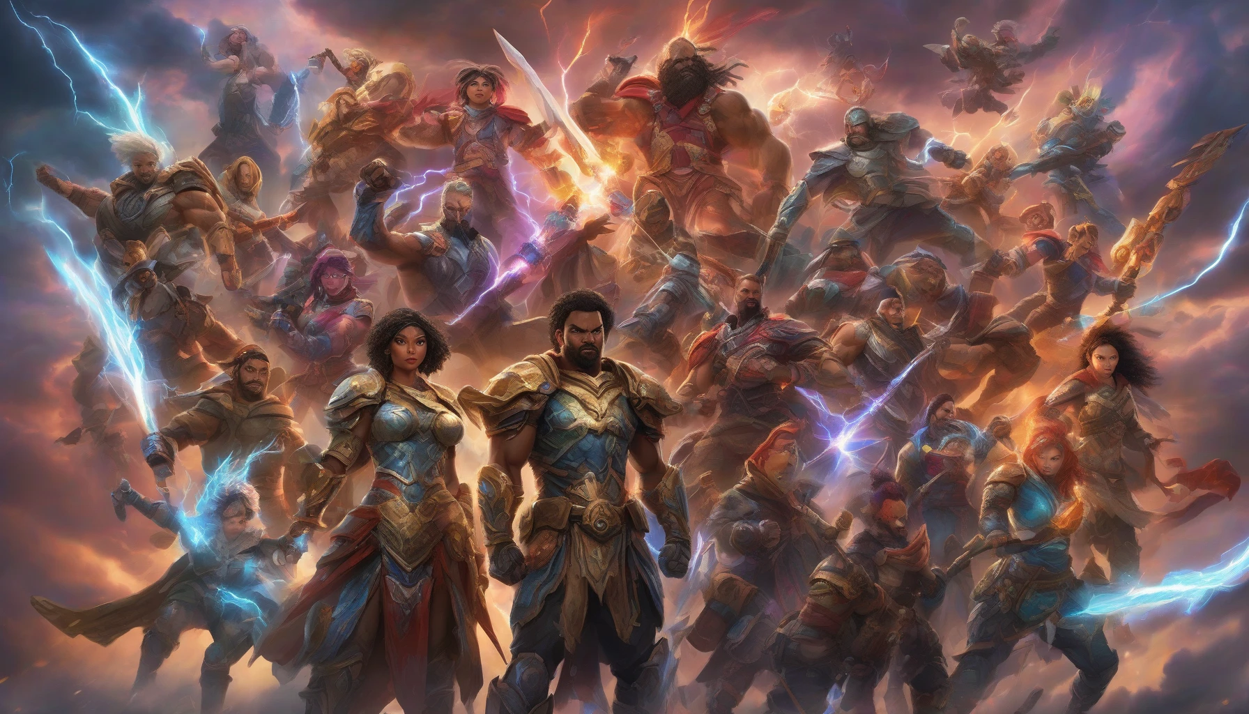 A powerful ensemble of diverse heroes stands united in a striking battle pose, embodying strength and determination. Each character showcases unique armor and weaponry, set against a dynamic backdrop of swirling clouds and lightning. Their expressions radiate courage and focus, with vibrant colors highlighting their individual traits. The scene pulsates with energy, bringing the heroic spirit to life as they prepare to face an unseen foe.