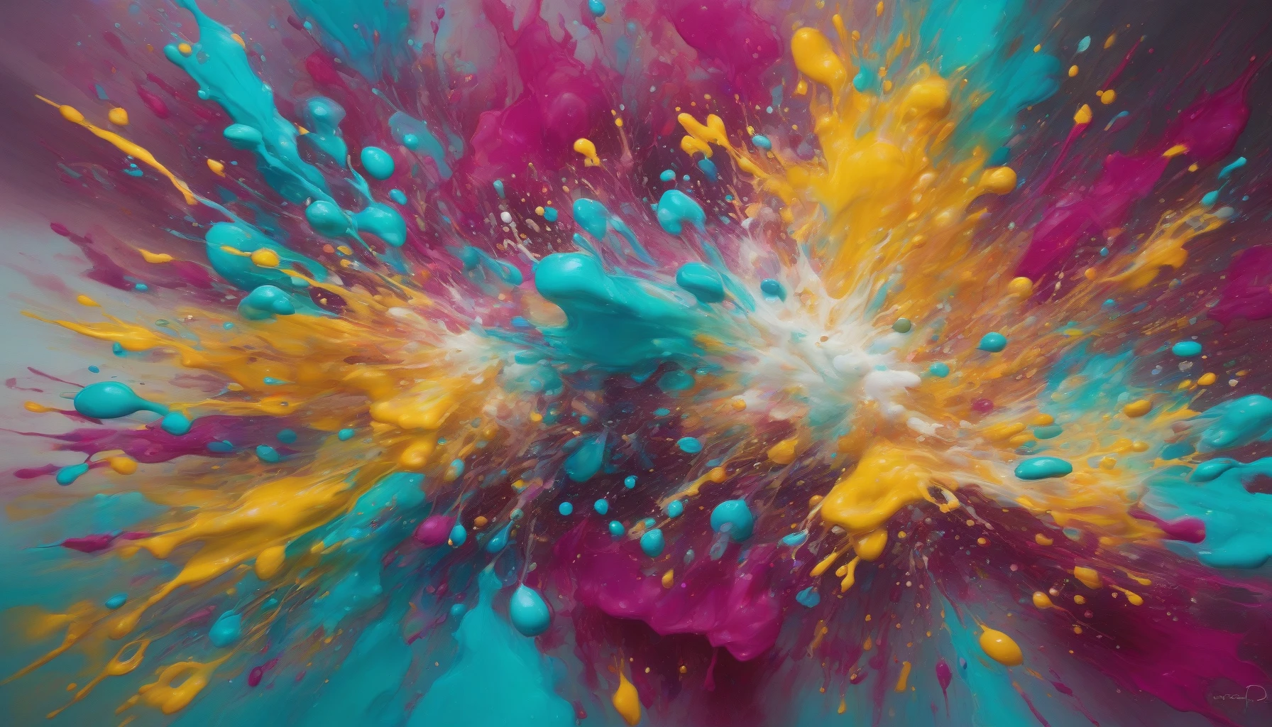 In a vibrant scene, splashes of paint are suspended in mid-air, creating an explosion of color that defies gravity. Each droplet glimmers as it catches the light, with hues of turquoise, magenta, and gold swirling together in a dynamic dance. The background fades into a soft blur, emphasizing the vividness of the paint, evoking a sense of creativity and freedom in every droplet's flight.