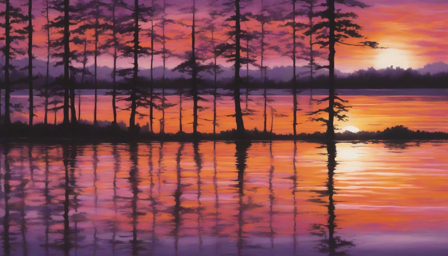 Envision a serene lake at dusk, where the sky is ablaze with hues of orange, purple, and soft pink. The sun, a golden orb, kisses the horizon, casting shimmering reflections on the still water's surface. Silhouetted trees frame the scene, their dark outlines contrasting beautifully with the vibrant sky. Gentle ripples ripple across the lake, creating a sense of calm, as the evening's embrace settles over the landscape.