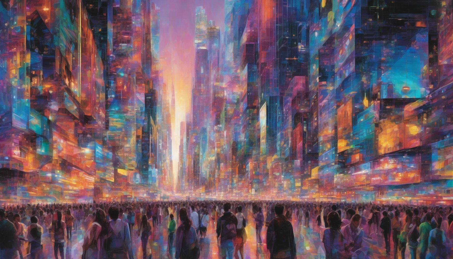 Envision a bustling metropolis at dusk, where towering skyscrapers are adorned with massive, vibrant holographic advertisements that pulse and dance with neon colors. The reflective glass surfaces of the buildings amplify the spectacle, creating a kaleidoscope of light that captivates the city. Below, throngs of people move through the streets, their faces illuminated by the shimmering glow, immersed in a futuristic world where technology and urban life harmoniously collide.