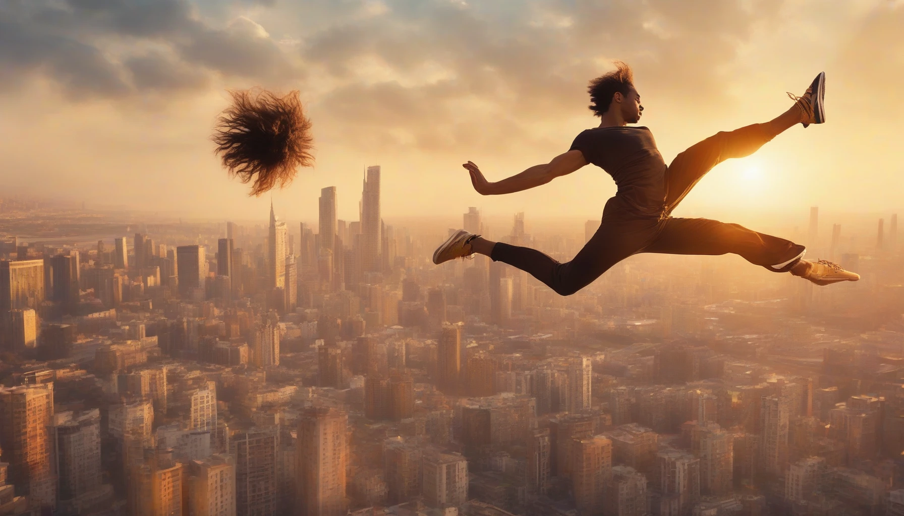 Capture a dynamic scene of a daring character executing an exhilarating acrobatic flip high above a vibrant urban landscape. Their athletic form is poised and graceful, muscles taut with energy as they defy gravity. The sun sets in the background, casting a warm golden glow that highlights the character's determined expression. The city below buzzes with life, providing a stunning contrast to the thrilling moment in the air.